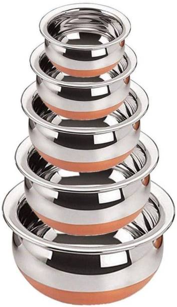 NARV Pack of 5 Stainless Steel Stainless Steel Copper Bottom Cooking Serving Pot Biryani Handi - 5 Pcs Set Stainless Steel Perfect Copper Handi Set for Everyday Use Whether you want to cook a delicious serving of your favourite sabzi or heat leftover curries from the previous day, the 5-piece copper handi set, Prabhu Chetty, Curved Copper Plate at Bottom, Best Quality Stainless Steel Copper Bottom 5 Pic Handi Pot Set, Brown & Steel, 5 Pic Handi Copper Vegetable Bowl ,Cooking Dinner Table Serving Biryani Pot Handi Kadhai , Panikarilikka Steel Handi 5 Pices Sets Handi 0.65 L, 0.85 L, 1.23 L, 1.5 L, 2. L (Stainless Steel) Dinner Set (Microwave Safe) Dinner Set