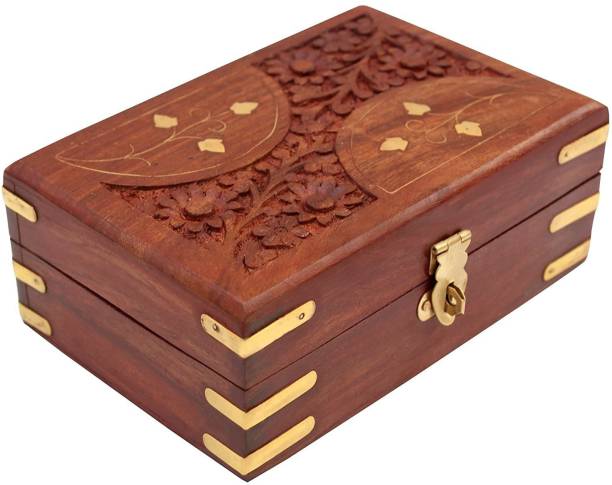 WoodCart H@ndmade Wooden Jewellery Box for Women Jewel Organizer Carving & Brass Inlaid - D-Design 6 Inches Makeup, Jewellery & other Utility Vanity Box
