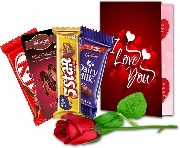 Midiron Valentine's Day Gifts|I Love You Greeting Card |Artificial Rose | Chocolate Bar for Girlfriend, wife, Lover Silk Gift Box