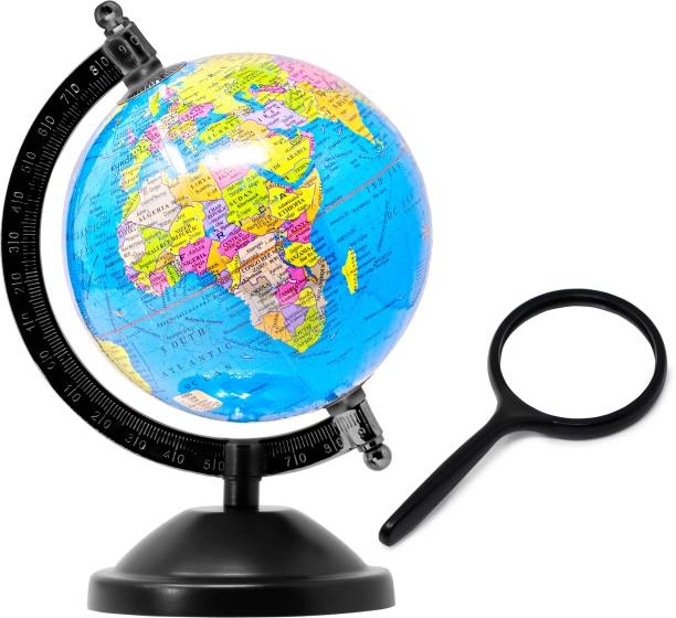 FIDDLERZ Globe For Students ,Educational World Globe with 75mm Magnifying Glass for Kids/Office Globe/Political Globe/Globes for Students ( Small - Black) Desk & Table Top Poltical World Globe