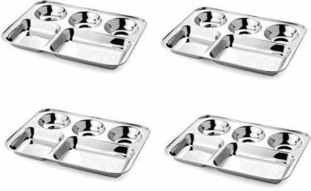 Finetouch Pack of 4 Stainless Steel Dinner Plate/Bhojan Thali with Rectangle Compartments 480gm Each plate Dinner Set
