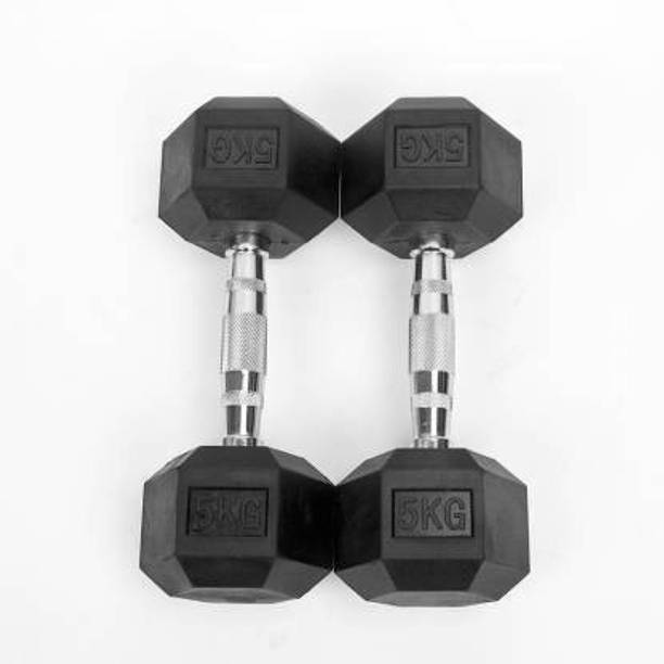 Satya Hexagonal Dumbbell, 5 kgs, Pack of 2, Rubber Coated Fixed Weight Dumbbell