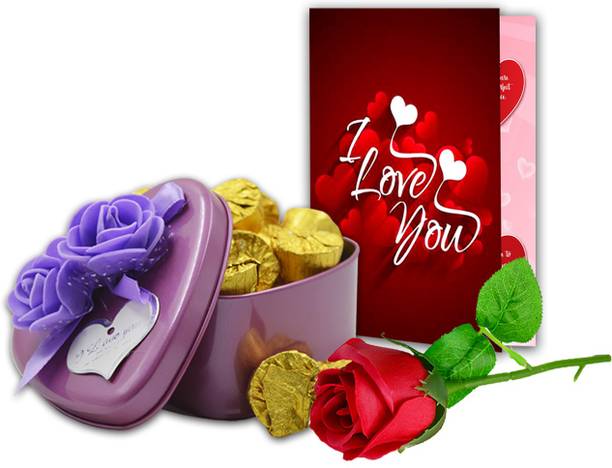 Midiron Beautiful Romantic Gift for Love, Chocolate Tin Box, Greeting Card, Artificial Rose for Valentine Day Paper Gift Box