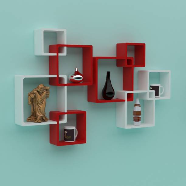 WoodenTwist Rafuf Wooden Intersecting Wall Shelves ( Set of 8 ) Red & White MDF (Medium Density Fiber) Wall Shelf