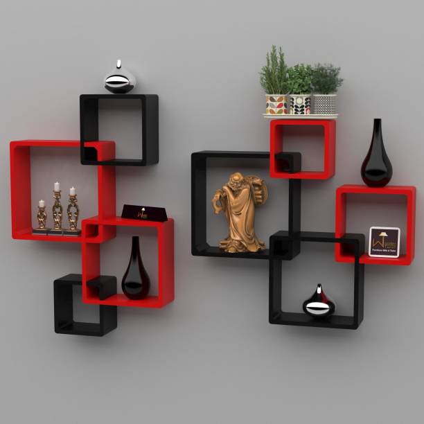 WoodenTwist Rafuf Wooden Intersecting Wall Shelves ( Set of 8 ) Red & Black MDF (Medium Density Fiber) Wall Shelf