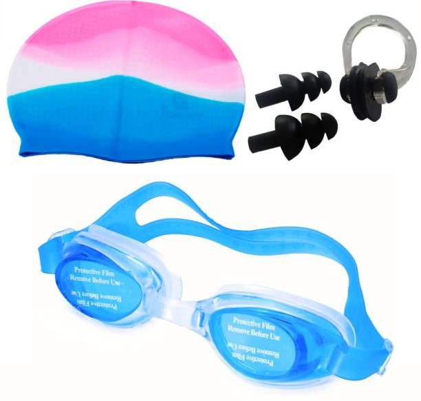 NOVICZ Swimming Goggle + Cap + Ear Nose Plug Combo - Swim Glass Head Hair Protection Swimming Kit