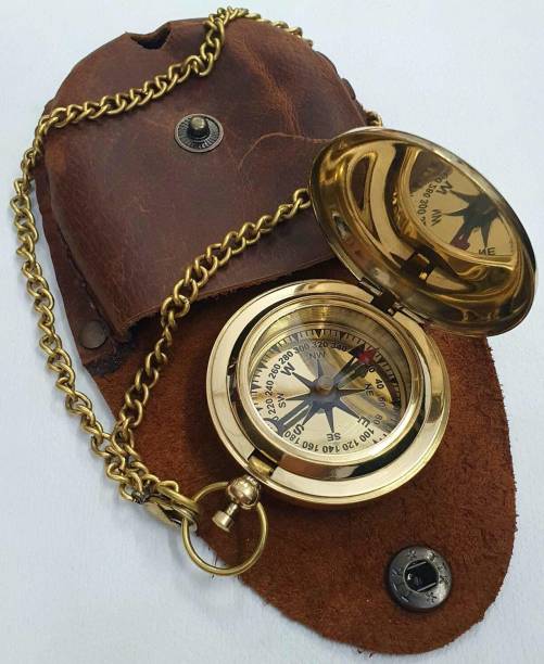 Ascent India Brass Push Button Compass With Chain And Leather Cover Beautiful Gift Compass
