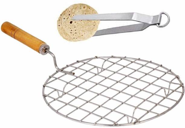 HEMSHIKA Stainless Steel Roaster Papad Jali, with Wooden Handle & Stainless Steel Tong 26 cm Utility Tong Set