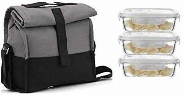 Femora Borosilicate Glass Rectangle Container Grey Black Lunch Box, Set of 3 Containers Lunch Box
