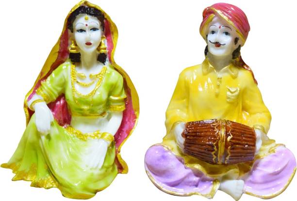 GW Creations Rajasthani Musicians Statue Polyresin Multicolour Marble Finish ( Set of 2 ) Decorative Showpiece  -  13 cm
