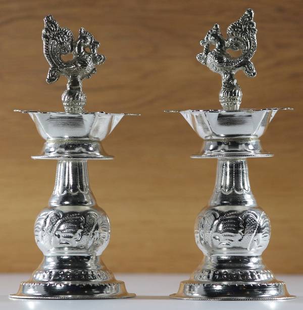 WHITE LOTUS Silver Plated (Pack of 2) Table Diya Set