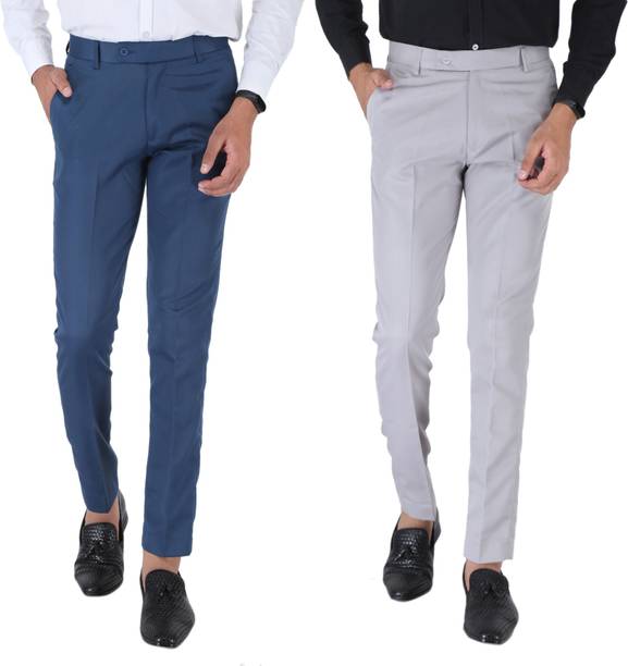Pack of 2 Men Slim Fit Blue Viscose Rayon Trousers