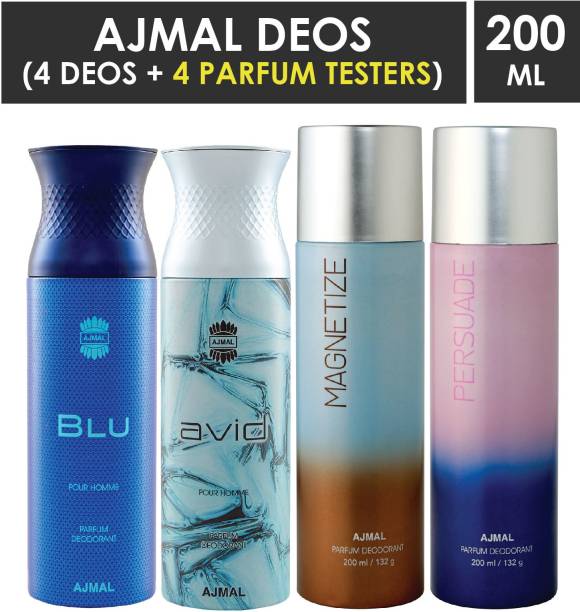 Ajmal 1 Blu Homme ,1 Avid Homme ,1 Magnetize and 1 Persuade Deodorants each 200ML Pack of 4+4 Parfum Testers