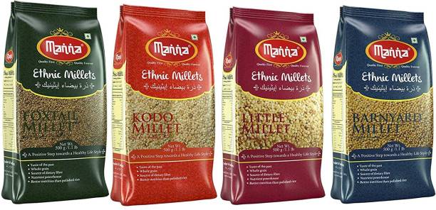 Manna Millets 2kj - Natural Grains Combo Pack of 4 | Foxtail 500g, Kodo 500g, Little 500g, Barnyard 500g , Nutrient Powerhouse, High Protein & 100% More Fibre Than Rice Foxtail Millet