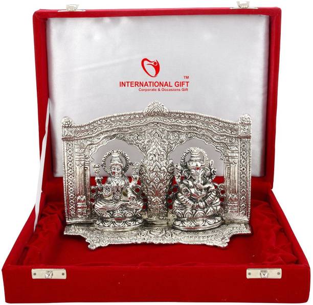 INTERNATIONAL GIFT Silver Plated Laxmi Ganesh God Idol Oxidized Silver Finish With Red Velvet Box (16, Silver) Religious Tile