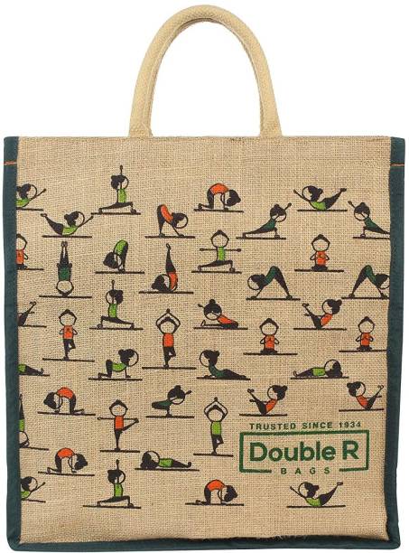 DOUBLE R BAGS Big Eco reusable yoga print jute cloth Carry lunch tiffin bag with zip Reinforced Handle for men women (pack of 1) Size Medium Lunch Bag
