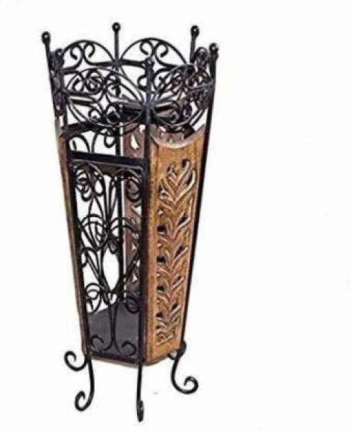 Craftkings Decorative Wooden & Wrought Iron Umbrella Stand Cum Planter for Home Decor Solid Wood Umbrella Stand
