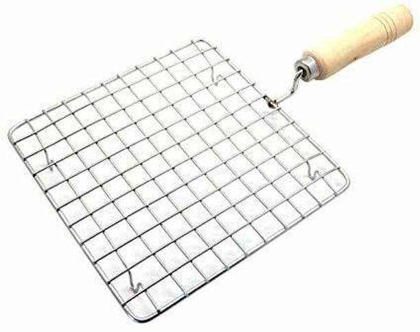 MSM ZONE Stainless Steel net with Wooden Handle Barbeque Jali Roti Roast Grill Papad Roaster Chapati Toast Grill paneer tandoor net - (Large) 1 kg Roaster