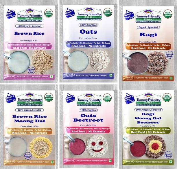 TummyFriendly Foods USDA Certified Stage1, Stage2 Porridge Mixes - Trial Packs | Organic Baby Food for 6 Months Old Baby |6 Packs, 50g Each Cereal