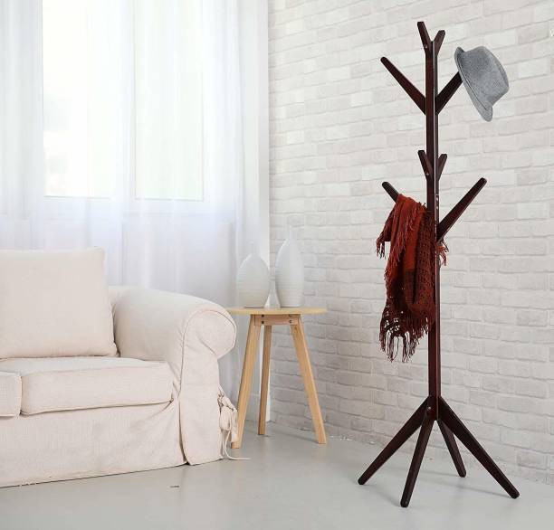 Ada Free Standing Bamboo Tree Shaped Display 8 Hooks Coat Hanger Stand with 4 Tiers and Solid Feet for Clothes Scarves and Hats Bamboo Coat and Umbrella Stand