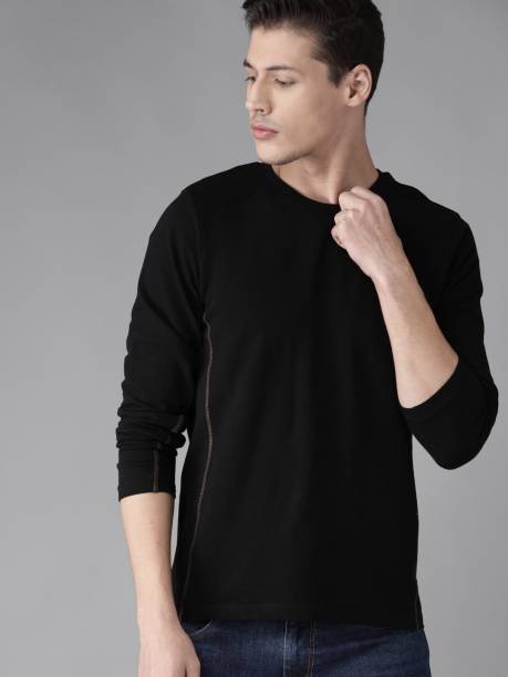 Men Solid Round Neck Pure Cotton Black T-Shirt Price in India