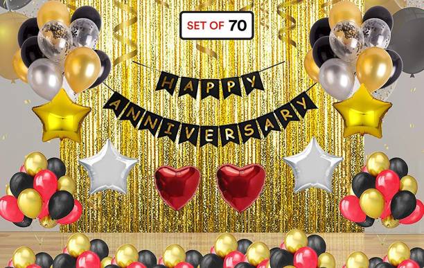DECOR MY PARTY Solid Happy Anniversary Banner Combo with Foil Curtain , Golden Star , Heart Shape , Metallic Balloon & Curling Ribbon for Anniversary Party Decorations / Wedding Anniversary Decoration Items Balloon