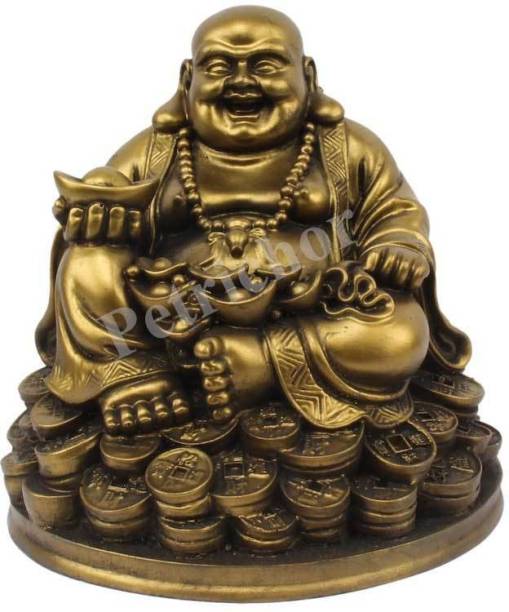 PETRICHOR Laughing Buddha Sitting on Luck Money Coins carrying Golden Ingot Decorative Showpiece  -  12.7 cm