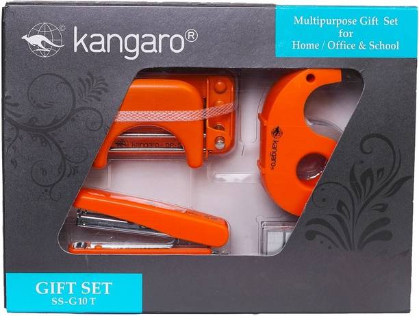 Kangaro Multipurpose Office Gift Set – Stapler, Paper Punch, Tape Dispenser & Staples, Red, For Home, School, Office