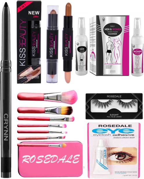Crynn Smudge Proof Essential Makeup HD12 Beauty Kajal & Rosedale Professional Set of 7 Makeup Brush & Kiss Beauty Concealer Highlighter & Contour Stick & False Eyelash , Glue & Daily Men & Women Intimate Hygiene Wash