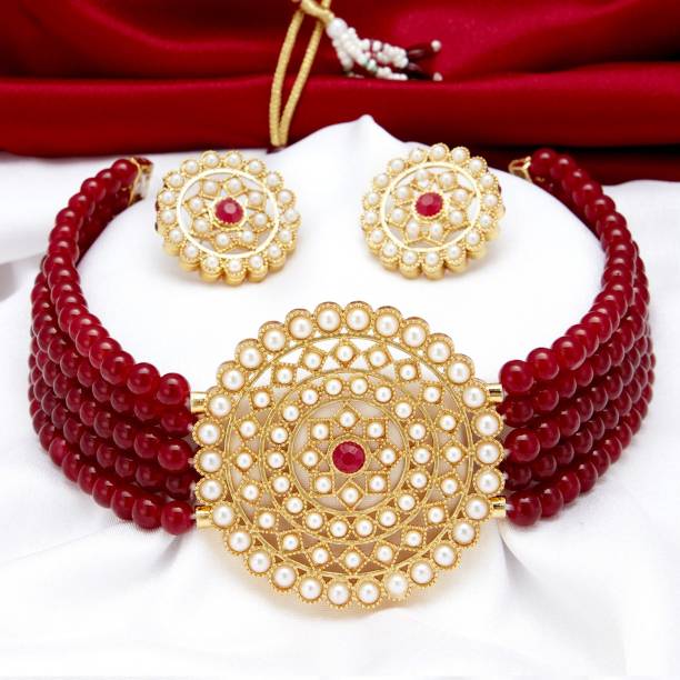 Sukkhi Alloy Gold-plated Maroon Jewellery Set