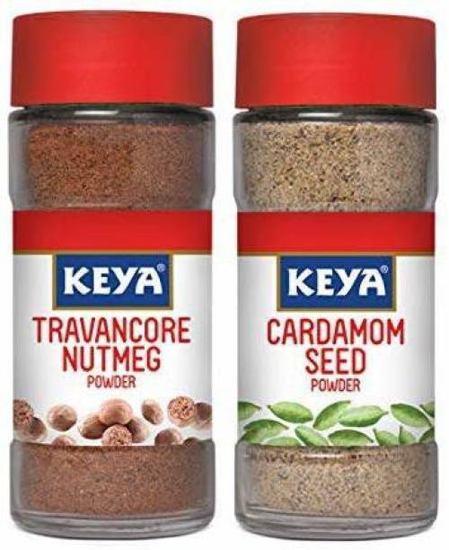 keya Exotic Spices Combo Glass Bottle | Cardamom Powder x 1, 50 gm | Nutmeg Powder x 1, 65 gm | Pack of 2