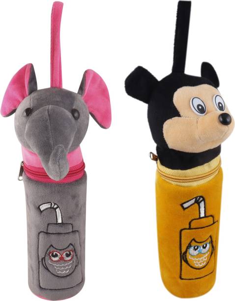 SS Impex Mickey/Elephant Soft Plush Stretchable Baby Feeding Bottle cover Combo Pack (Yellow & Grey)