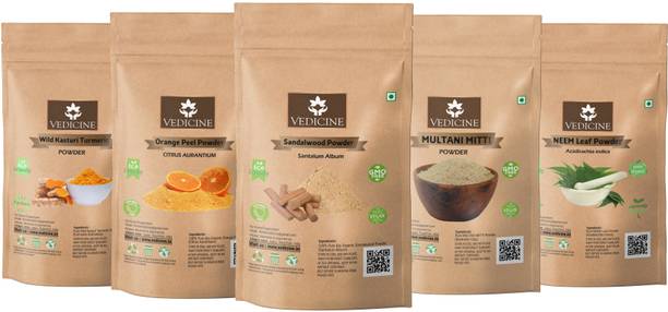 VEDICINE Pure and Natural Wild Kasturi Turmeric Orange peel Sandalwood Multani Mitti Neem Leaf Powder for Face Pack 75g each