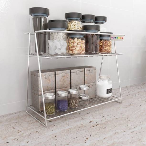 Swingzy Containers Kitchen Rack Steel Stainless Steel Spice 2-Tier Trolley Container Organizer Organiser/Basket for Boxes Utensils Dishes Plates for Home (Multipurpose Kitchen Storage Shelf Shelves Holder Stand Rack)