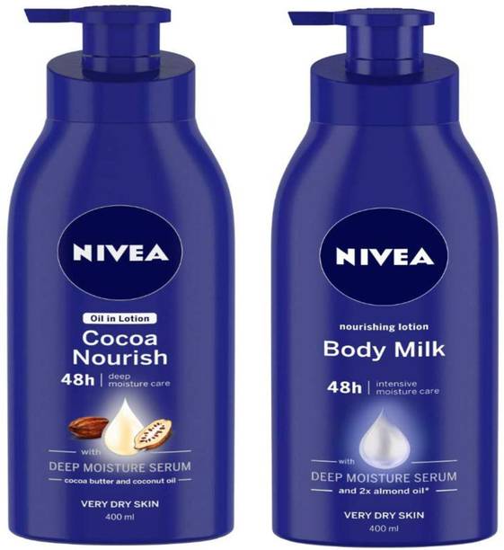 NIVEA Combo Body Lotion, Oil in Lotion Cocoa Nourish, For Very Dry Skin, 400ml And Body Milk With Deep Moisture Serum And 2x Almond Oil for Very Dry Skin, 400ml