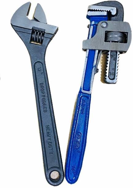 manvi Plumber Tool Combo 14inch Pipe Wrench & 12inch Adjustable Wrench Plumber Tool Combo Single Sided Pipe Wrench