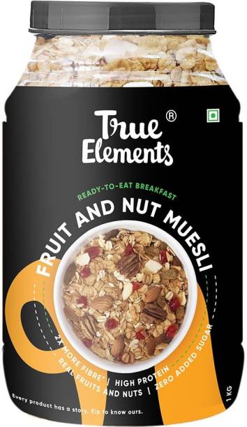True Elements Fruit and Nut Muesli, Zero Added Sugar, Ready to Eat Breakfast, High Protein Plastic Bottle