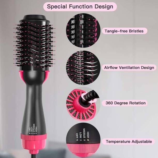 LAZIRA Hot Air Brush, Hair Dryer, and Volumizer Styler, Professional 2-in-1 Salon Negative Ion Ceramic Electric Blow Rotating Straightener and Curly Comb with Anti-Scald, Black round hair brush