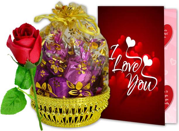 Midiron Chocolate in Beautiful Basket With I Love You Greeting Card, Red Rose for Valentine’s Day Plastic Gift Box