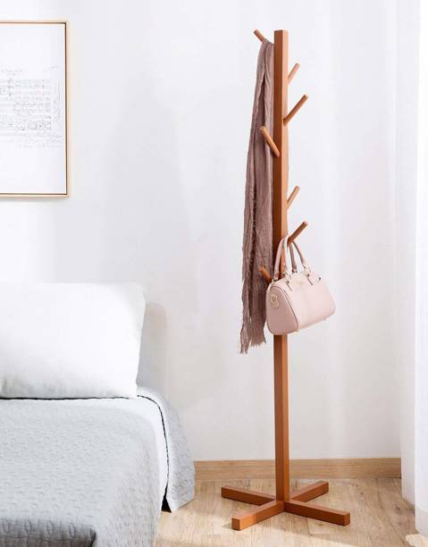 Naayaab Craft Free Standing Pine Wood Coat Stand with 8 Hooks for Hanging Coats Hats Bag Bamboo Coat and Umbrella Stand