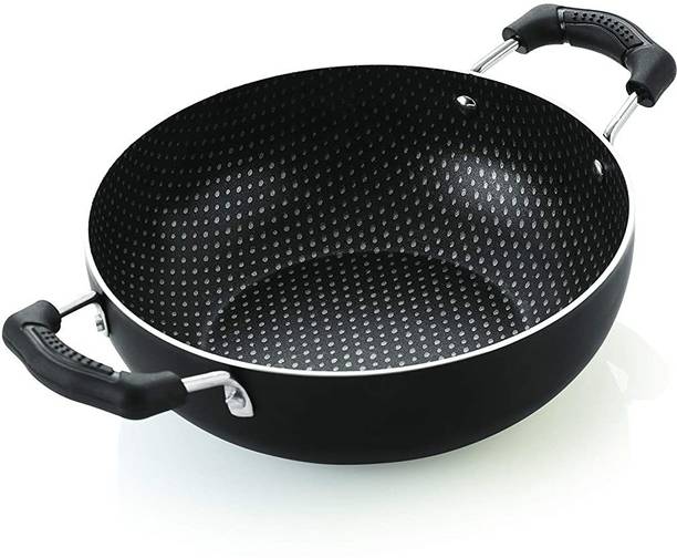NIRLON Polkadot Kitchen Accessories for Cooking Nonstick Kadhai | Wok with Handle Kadhai 22 cm diameter 1.8 L capacity