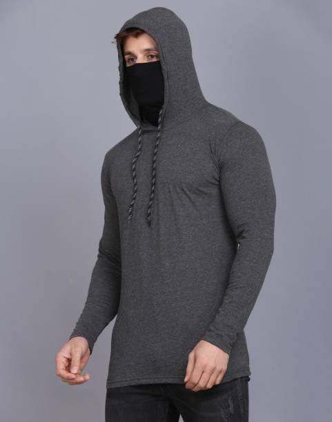 Men Solid Hooded Neck Cotton Blend Grey T-Shirt Price in India