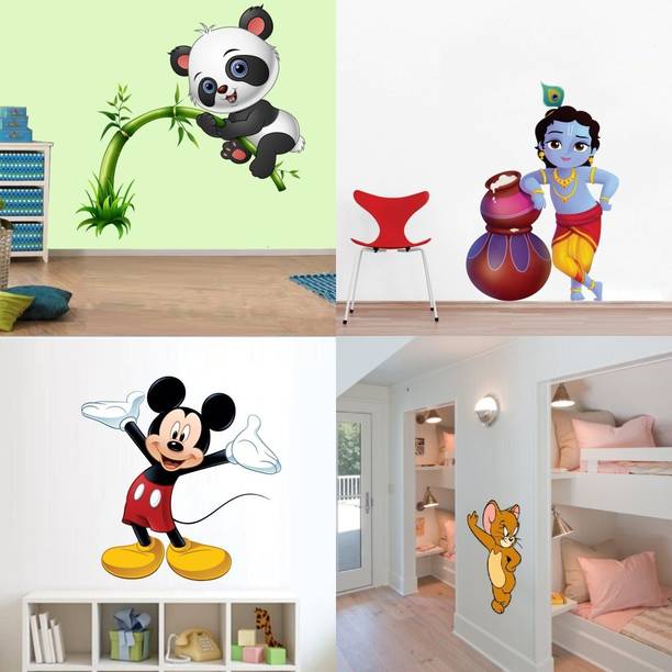 Walltech 49 cm Combo of 4 Wall Sticker Cute Panda On Tree-(90 X 95 Cms) | Cute Bal Krishna Makhan Chor-(60 X 40 Cms) | Cute Mickey Mouse-(51 X 50 Cms) | Cute Mouse-(50 X 45 Cms) - Matrial Vinyl Reusable Sticker