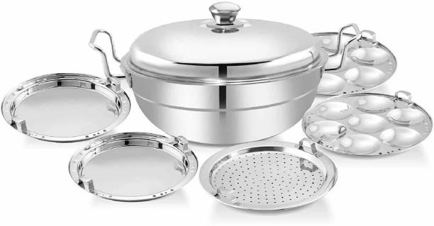 Redific Stainless Steel Multi KaAdhai/Kadai Streamer with stainless steel lid, 2 idli plates, 2 dhokla plates and 1 patra plate (Gas Stove and Induction Compatible)(Without Copper) Induction Bottom Non-Stick Coated Cookware Set