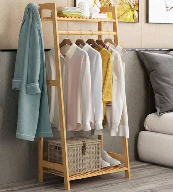LEOPAX Bamboo Clothing Garment Rack with Top Shelf & 2 Hook, Clothing Storage Organizer Bamboo Coat and Umbrella Stand