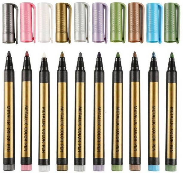 Definite Art STA Metallic Marker Color Pens for Writing and Decorating on Dark and Colored Paper, Ceramic, Glass, Plastic and Scrapbooking; Colors- Gold, Silver, Red, Blue, Bronze, Green, Purple, Sea-green, Black and White (Pack of 10) Multi-function Pen