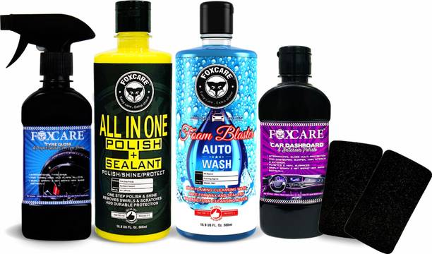 FOXCARE 500 ML ALL IN ONE POLISH + SEALANT, 500 ML FOAM BLASTER AUTO WASH SHAMPOO, 200 ML DASHBOARD POLISH, 200 MLTYRE GLOSS Combo