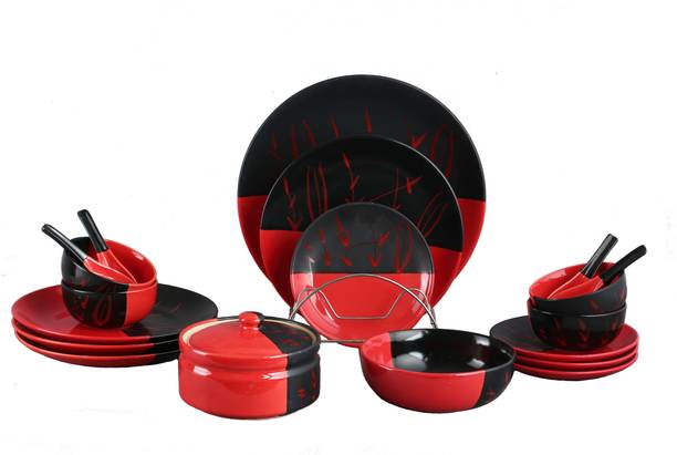 caffeine Pack of 19 Ceramic Handmade Half Red & Black Bamboo Dinner Set