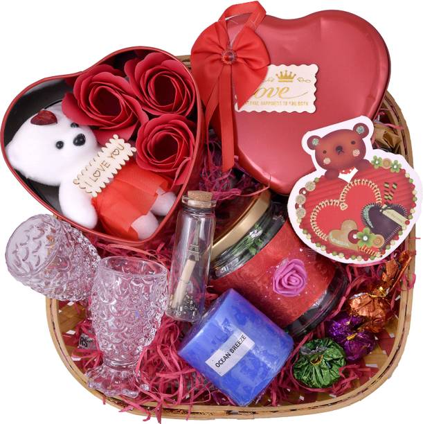 MANTOUSS Valentines Day gift for girlfriend/boy friend/Valentines Day gift hamper-Jar of chocolate+2shot glasses+scented candle+card+Message bottle+3pc roses and Teddy bear in heart shaped box+balloon Wooden, Cotton, Plastic, Paper, Glass, Borosilicate Glass, Nickel Gift Box
