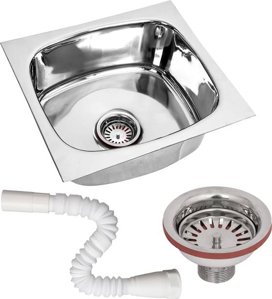 RENVOX Kitchen Sink 18X16X9 Inches Glossy Finish Stainless Steel Sink , Stainless Steel Single Bowl Kitchen Sink with SS Coupling and Plastic Pipe Vessel Sink